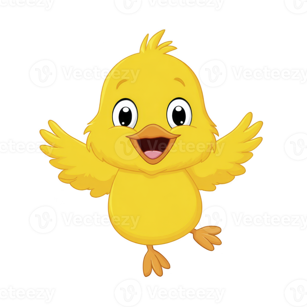 Cute, animated yellow chick with open wings and joyful expression, set against transparent background. chick playful pose and bright colors convey sense of happiness and energy png