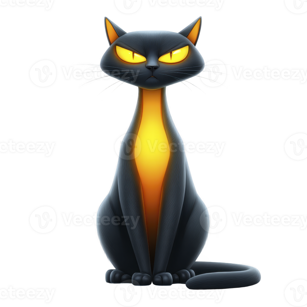 Sleek, animated black cat with glowing yellow eyes and long tail sits upright, exuding mysterious and confident aura. cat fur is smooth, and its expression is both curious and slightly mischievous png
