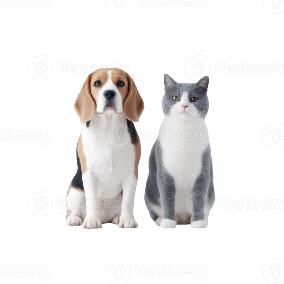 Beagle dog and gray and white cat sit side by side, both looking directly at camera with calm expressions. background is plain, highlighting animals png