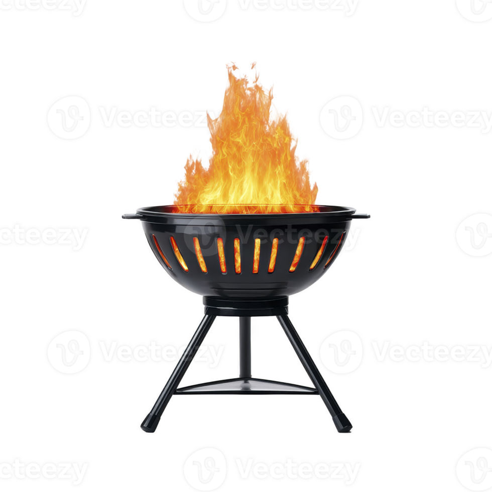 Black metal fire pit with blazing fire, perfect for outdoor gatherings and creating warm, inviting atmosphere. flames are bright and lively, adding cozy touch to any setting png