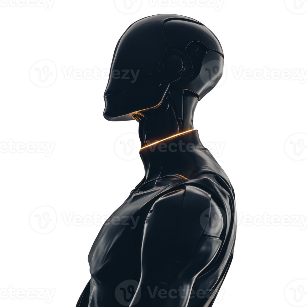 Sleek, futuristic robot with glossy black surface and glowing orange accents stands in profile, showcasing advanced technology and modern design png