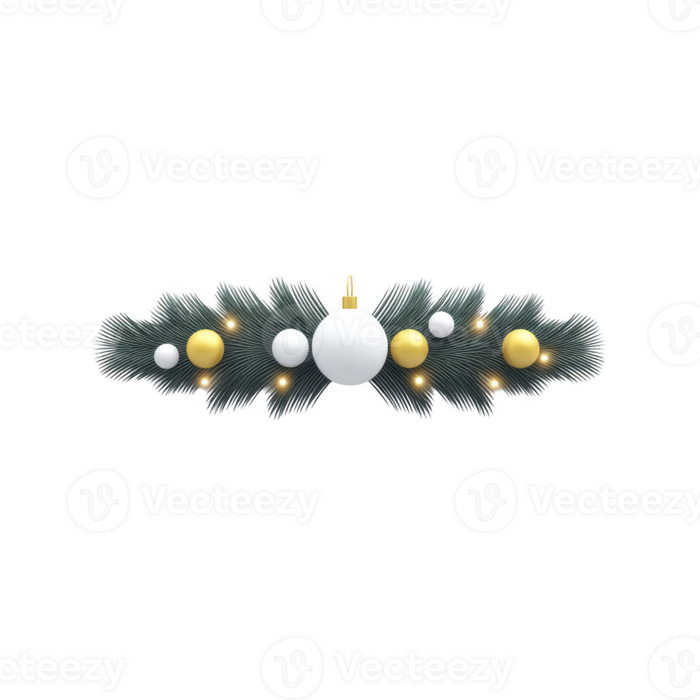 Festive Christmas garland with pine branches, adorned with white and gold baubles, and warm glowing lights, creating joyful holiday atmosphere png
