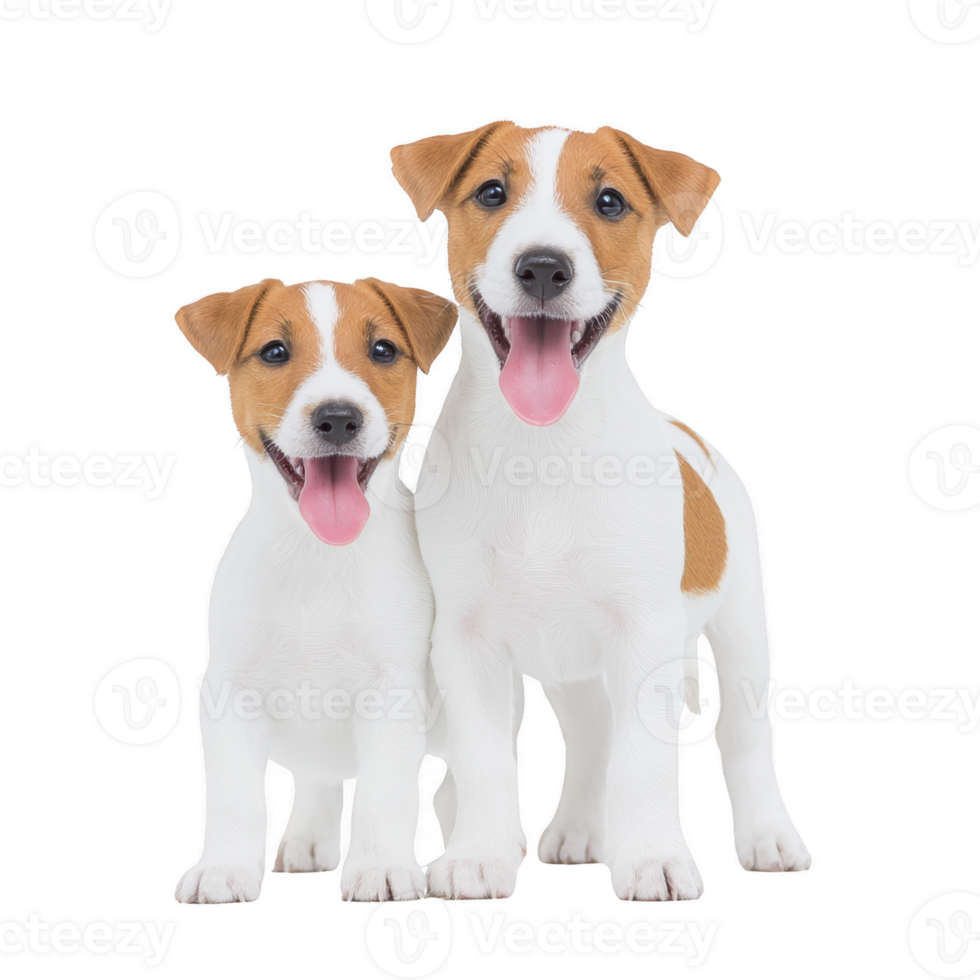 Two adorable Jack Russell Terriers with brown and white fur stand side by side, both with their tongues out, exuding joy and playfulness png