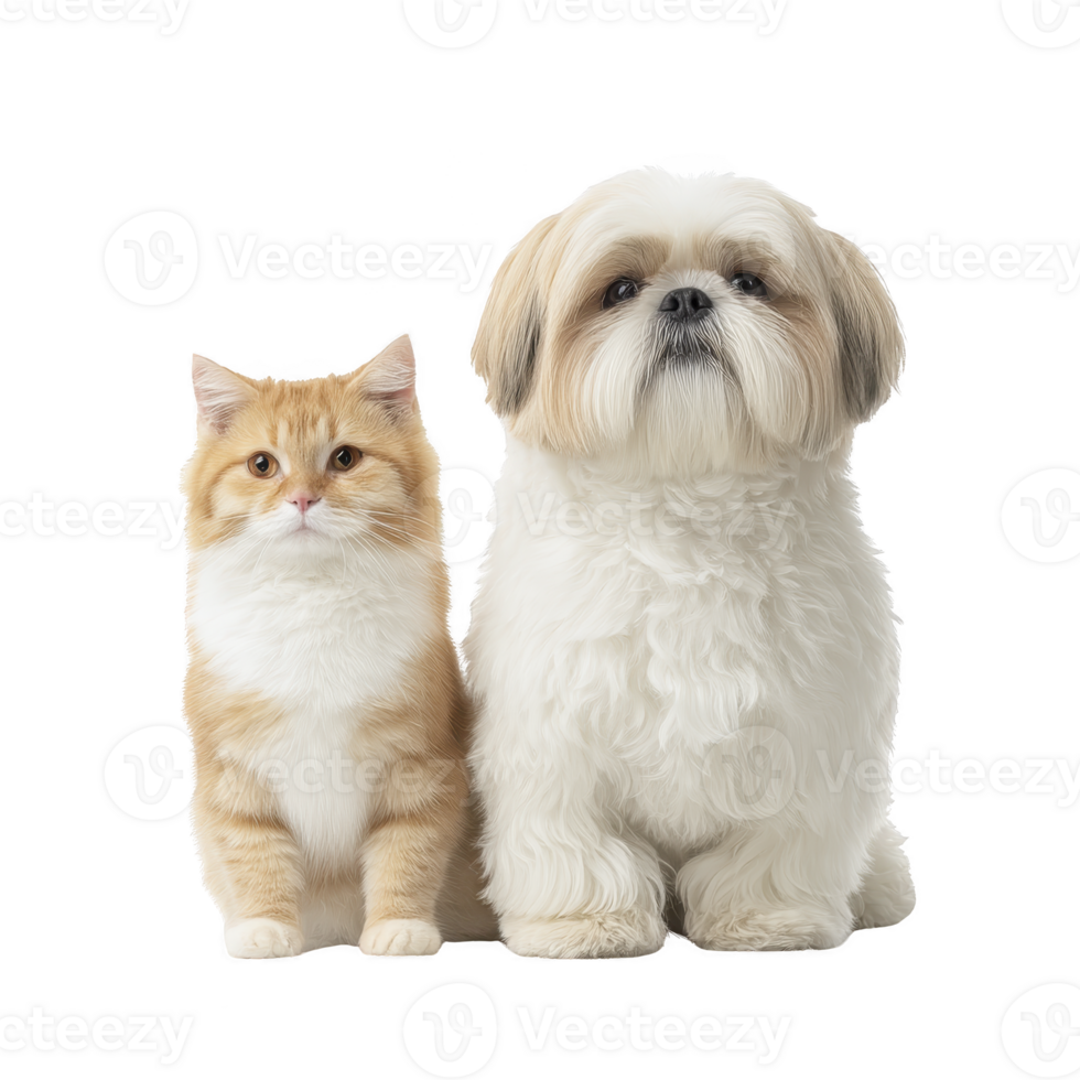 Fluffy white dog and orange tabby cat sit side by side, both looking directly at camera with calm expression. background is plain, highlighting their soft fur and friendly demeanor png