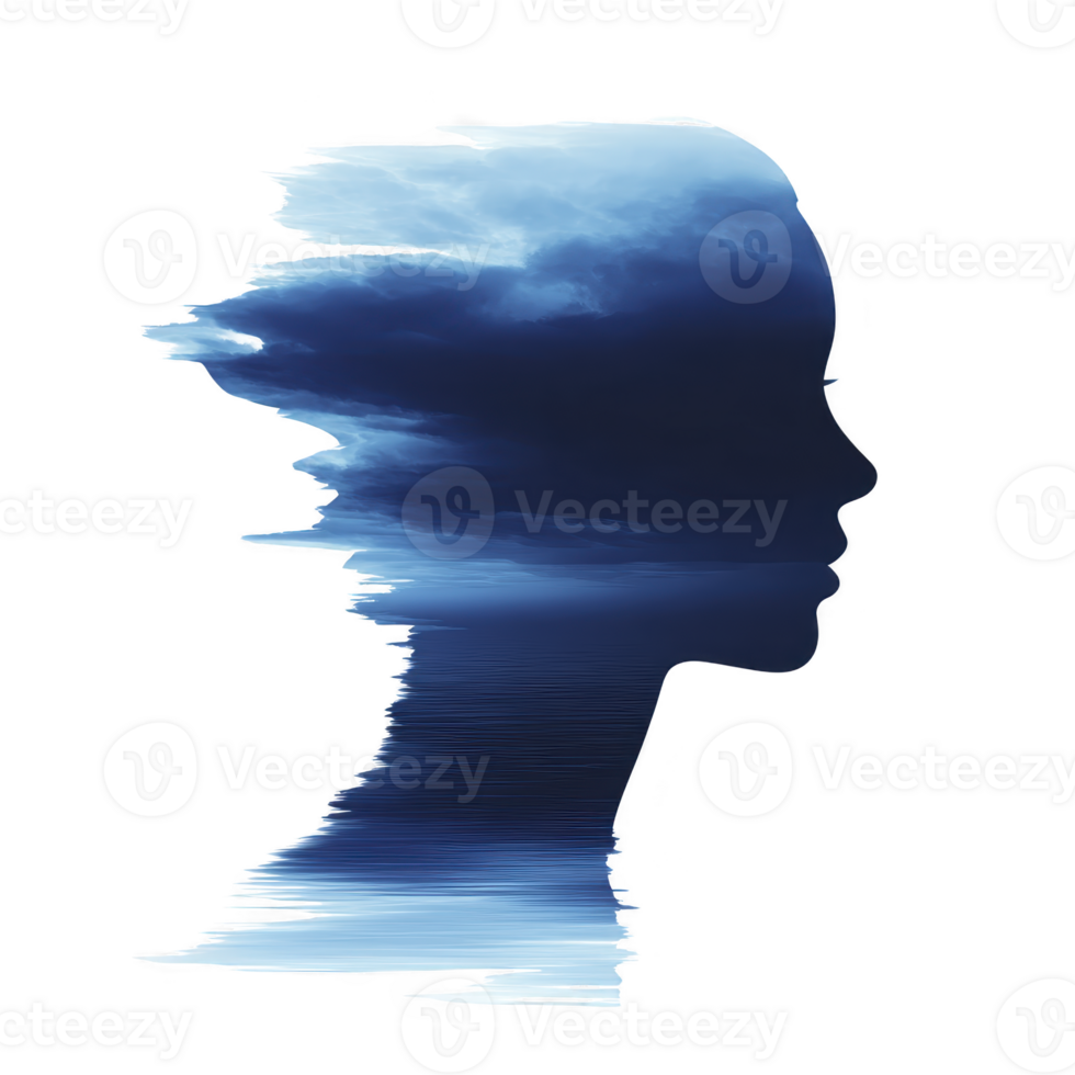 Silhouette of person profile is creatively blended with dramatic sky and ocean scene, evoking sense of tranquility and introspection. image combines nature and human form seamlessly png