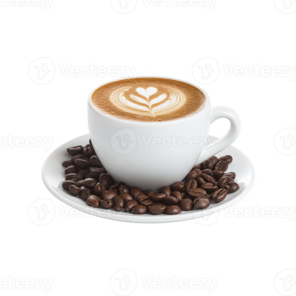 White cup of cappuccino with latte art sits on saucer surrounded by coffee beans, creating cozy and inviting atmosphere png