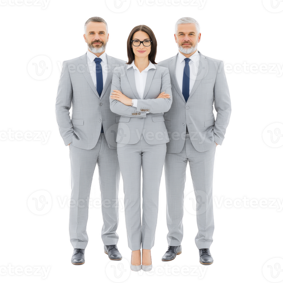 Group of three confident business professionals in matching gray suits, with two men and one woman standing together. woman is in center, exuding leadership and teamwork png