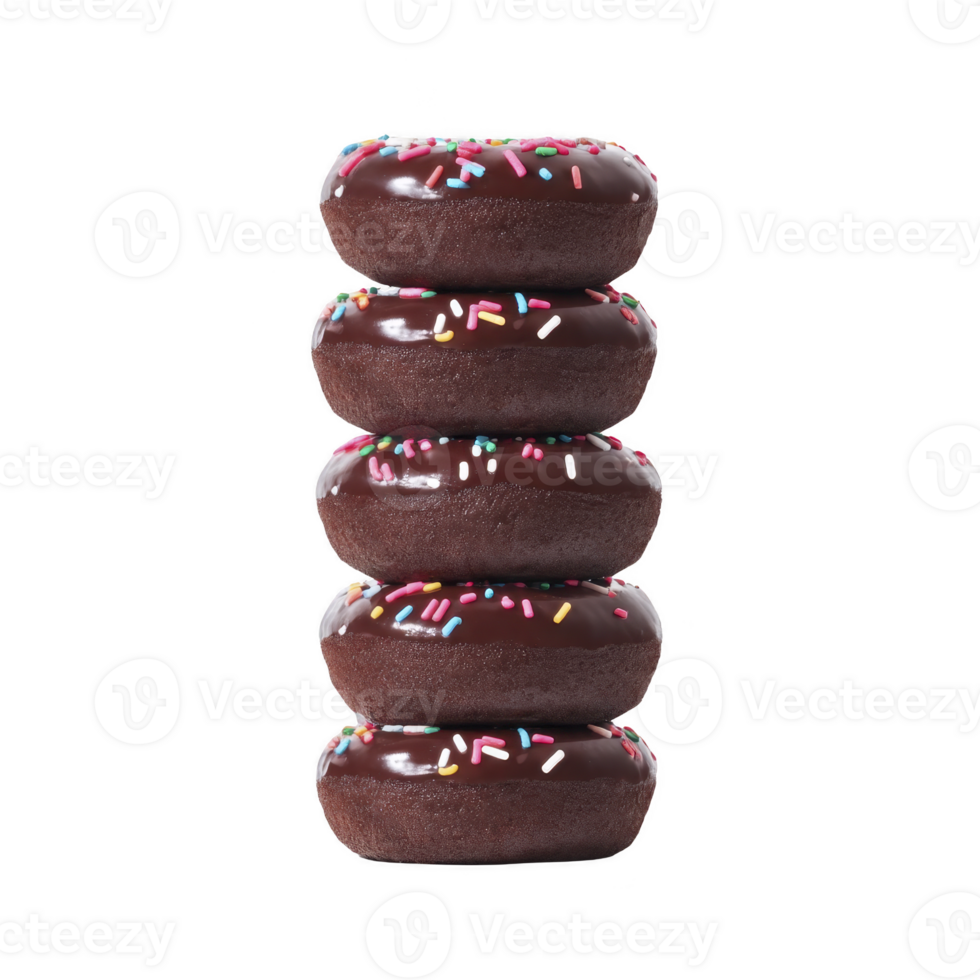 Stack of five chocolate donuts with colorful sprinkles is arranged vertically, creating tempting and playful display. glossy chocolate glaze adds rich texture png