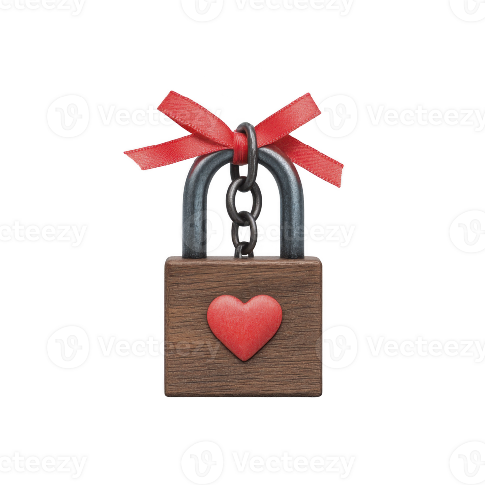 Wooden padlock adorned with red heart and red ribbon symbolizes love and security. rustic design and vibrant colors evoke feelings of romance and commitment png