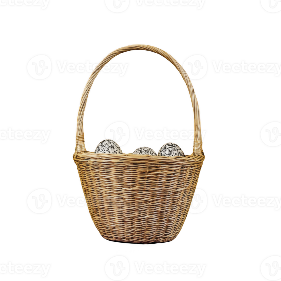 Wicker basket with handle contains three speckled eggs, creating rustic and natural appearance. eggs are nestled inside, showcasing simple yet charming arrangement png
