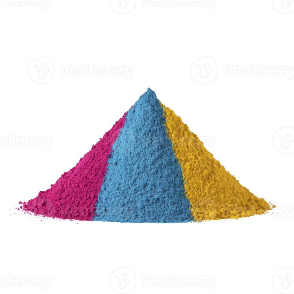 Vibrant pyramid of colored powder featuring sections of magenta, cyan, and yellow, symbolizing creativity and artistic expression. smooth texture and bright hues evoke sense of joy and inspiration png