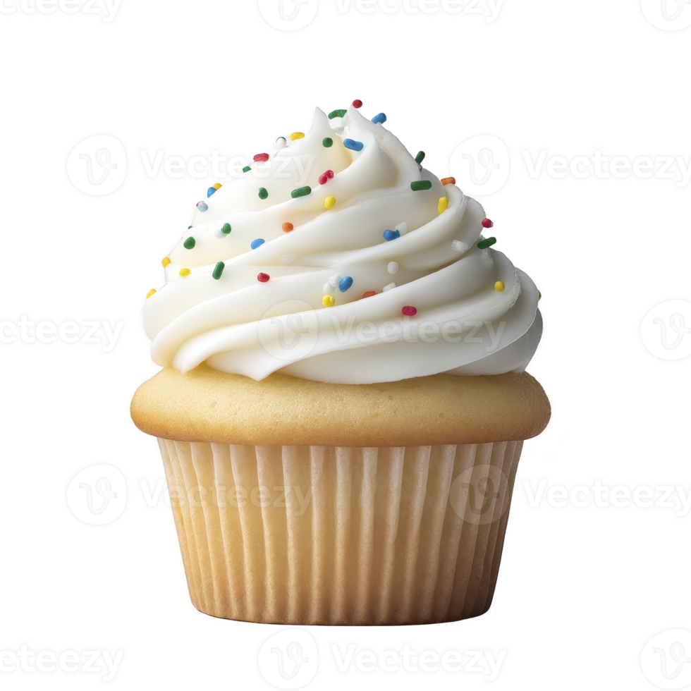 Delicious vanilla cupcake with creamy white frosting and colorful sprinkles on top, perfect for celebrations and sweet cravings png