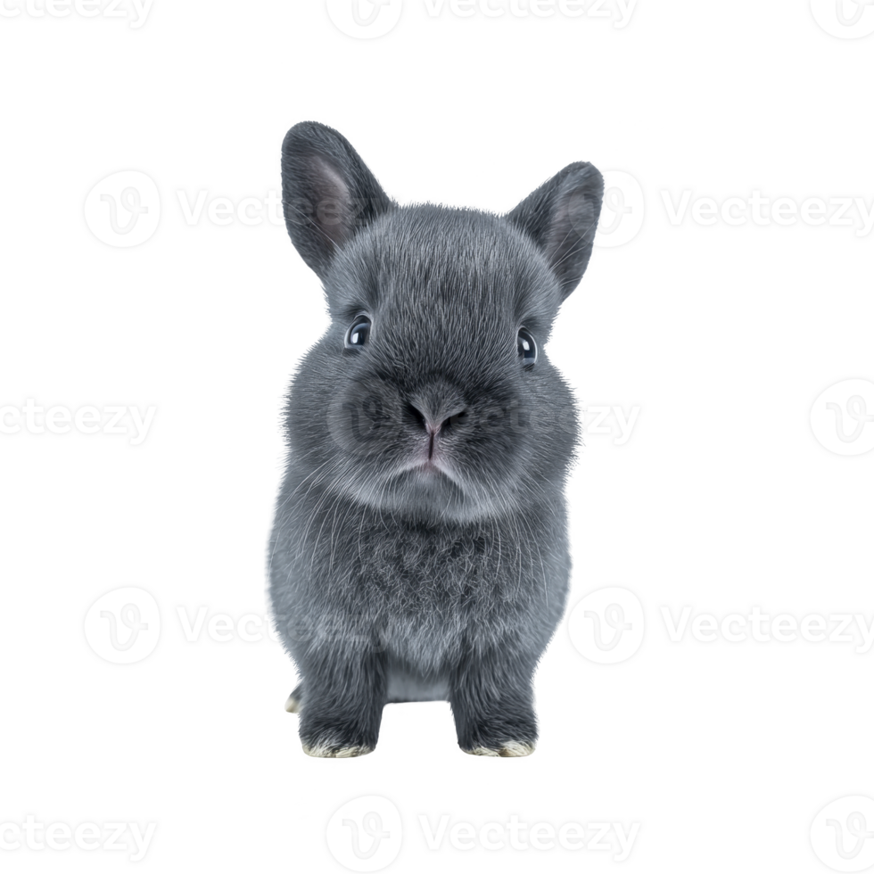 Cute, fluffy gray rabbit sits facing forward, showcasing its soft fur and alert ears. rabbit gentle expression and small size make it appear endearing and approachable png