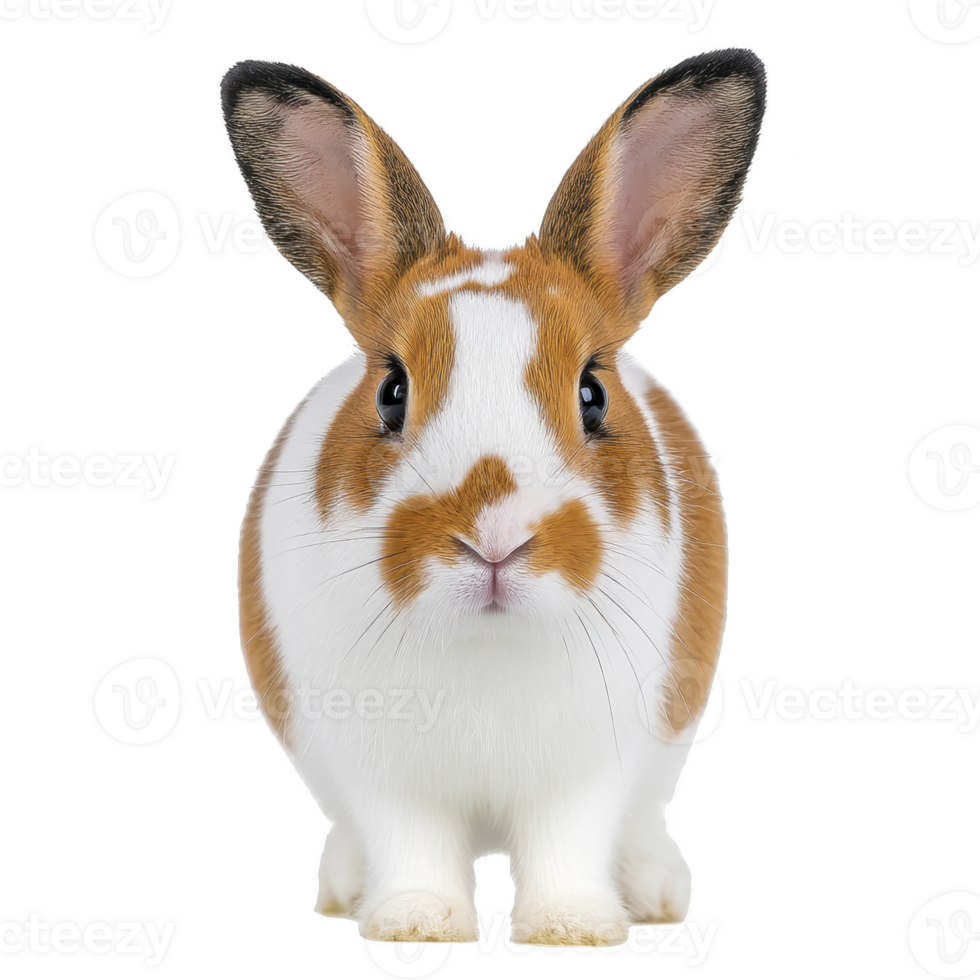 Cute brown and white rabbit with large ears sits facing forward, showcasing its soft fur and curious expression. rabbit markings are distinct, adding to its charm png