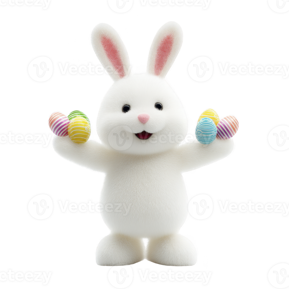 Cute, fluffy white bunny joyfully holds colorful Easter eggs in its paws, showcasing festive and cheerful atmosphere. bunny playful expression adds to holiday spirit png