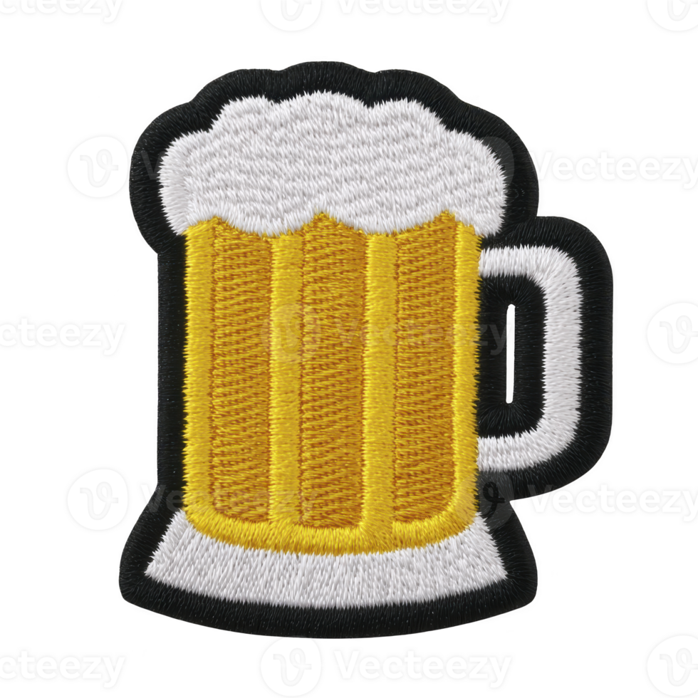 Detailed embroidered patch of frothy beer mug, showcasing intricate stitching and vibrant colors, perfect for adding fun touch to clothing or accessories png