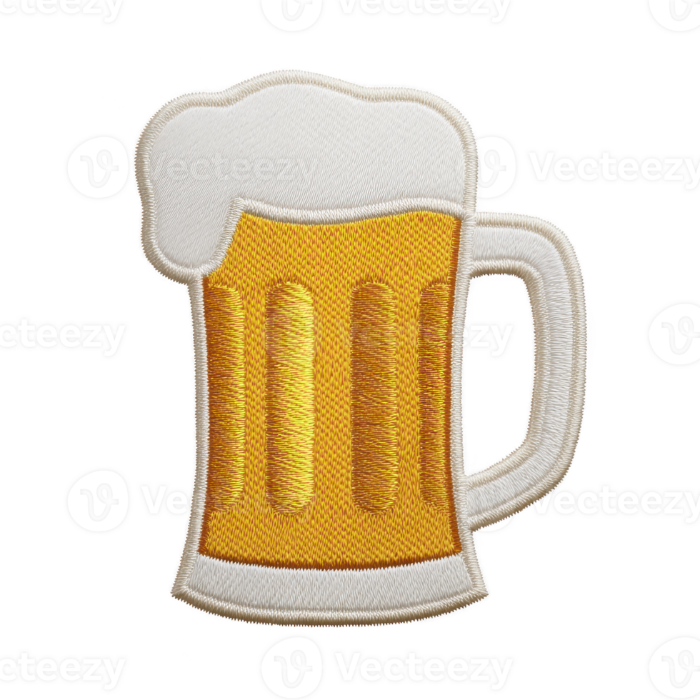 Patch design of frothy beer mug with handle, featuring golden yellow color and white foam on top, symbolizing refreshment and celebration png