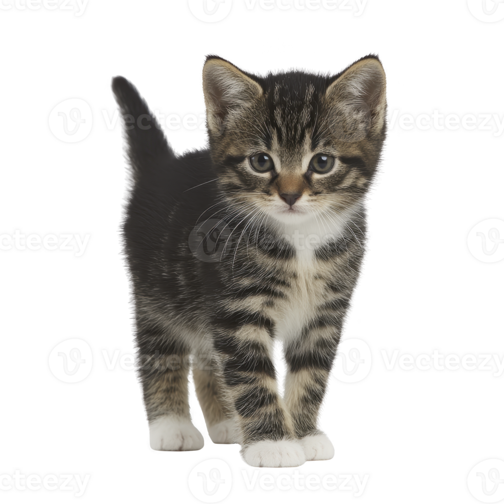 Cute tabby kitten with white paws stands alertly, showcasing its striped fur and curious expression. kitten small size and playful demeanor make it adorable sight png