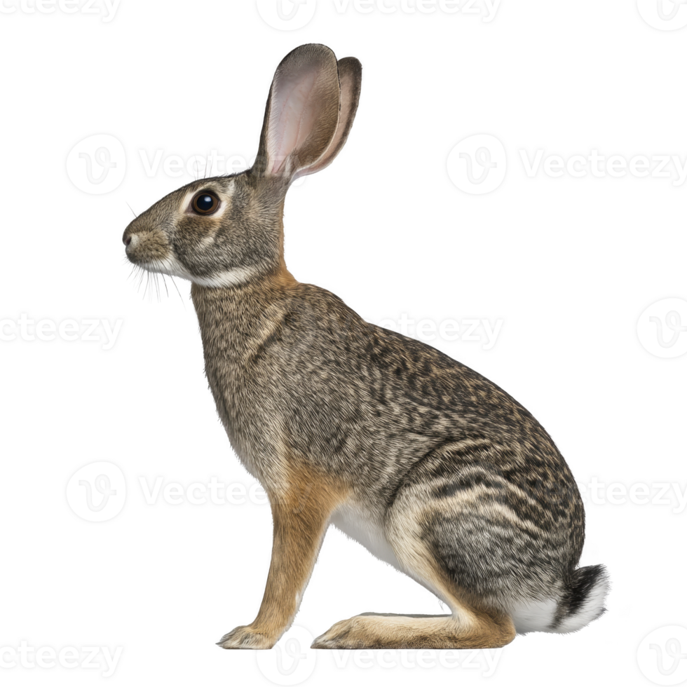 Brown rabbit with large ears sits upright, showcasing its detailed fur pattern and alert expression against transparency background. rabbit posture and attentive gaze suggest curiosity png