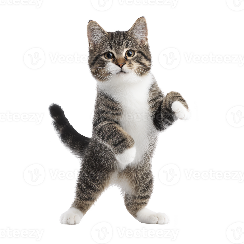 Playful tabby cat stands on its hind legs with curious expression, showcasing its white and gray fur. cat pose is dynamic and engaging, capturing moment of feline agility png