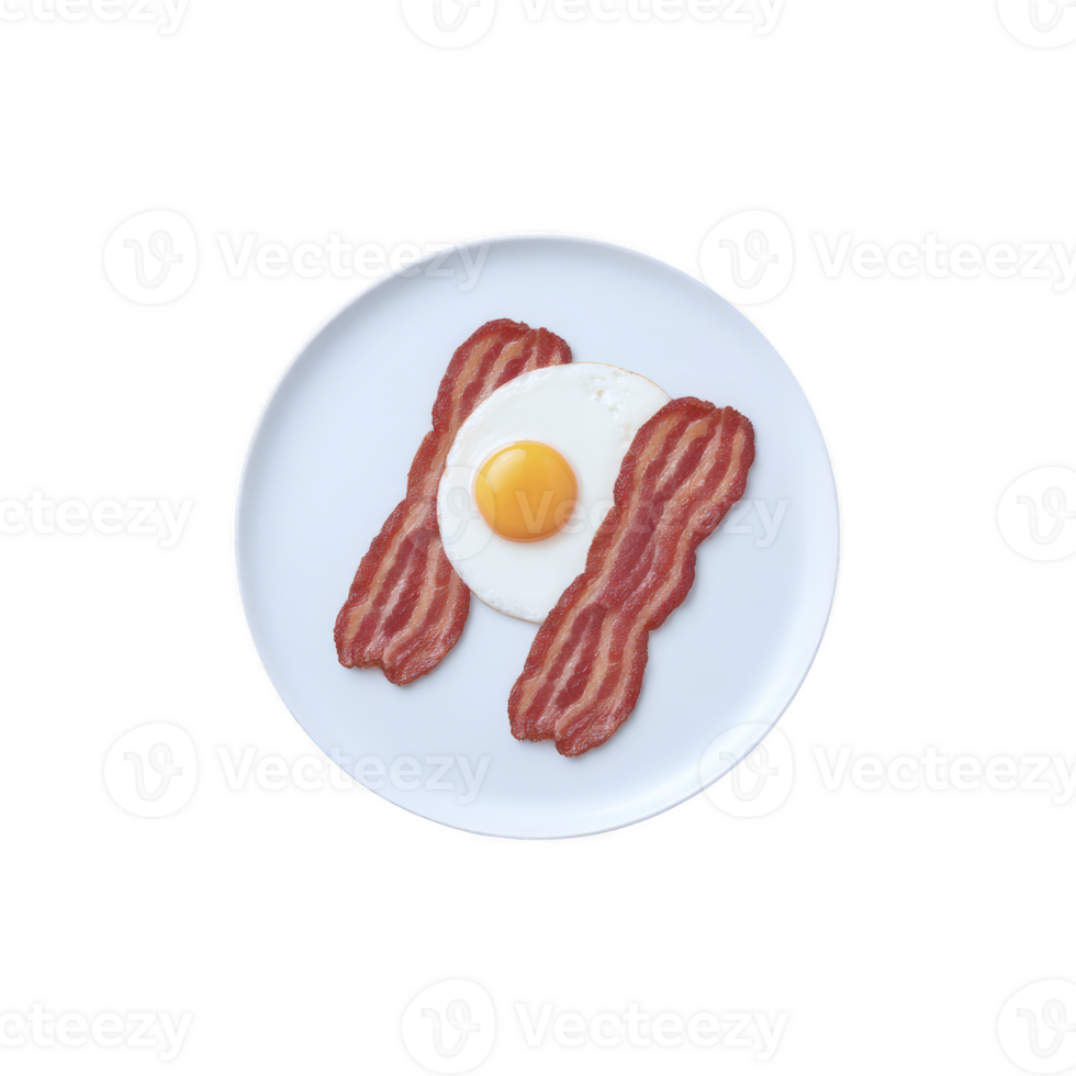 Plate with sunny side up egg and two strips of crispy bacon arranged neatly, creating classic breakfast presentation. white plate contrasts with vibrant colors of food, enhancing its appetizing png