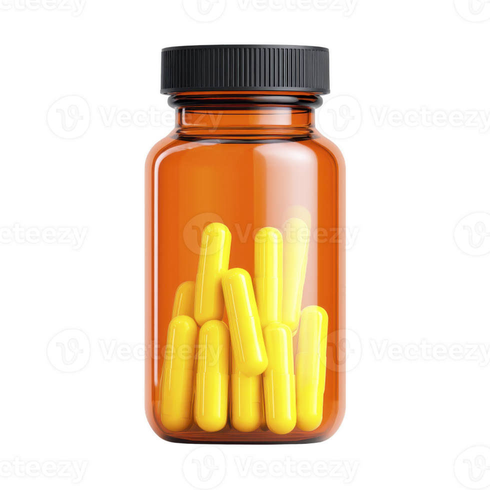 Clear amber pill bottle with black cap contains several yellow capsules, suggesting pharmaceutical or supplement product. image conveys sense of health and wellness png