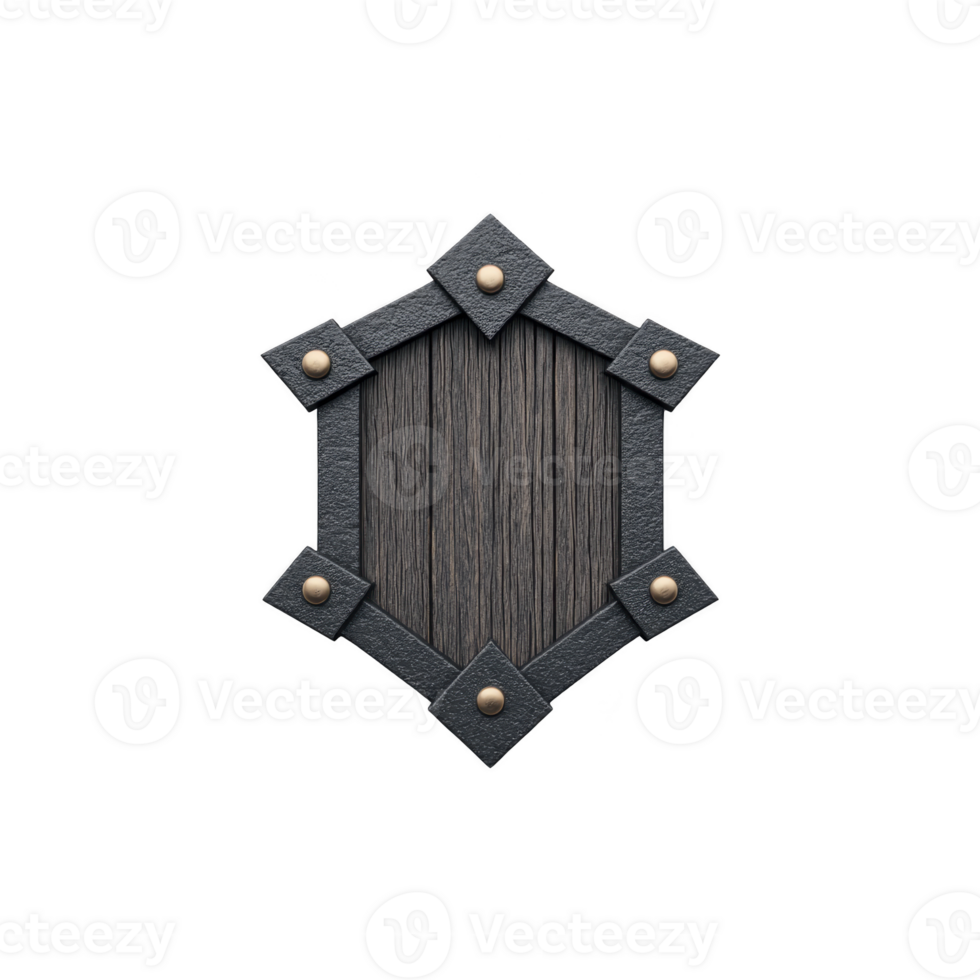 Hexagonal wooden shield with dark wood texture is reinforced by black metal frame and adorned with brass rivets, creating medieval aesthetic png