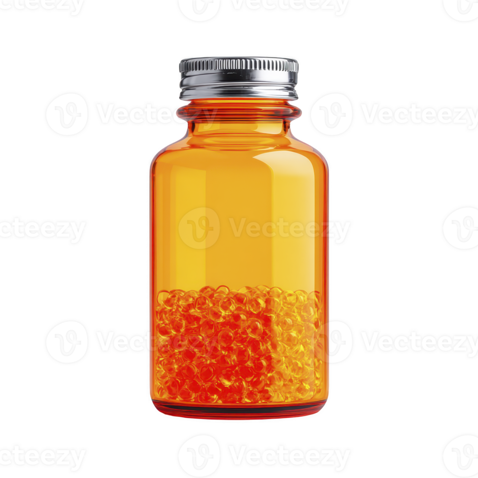 Clear glass bottle with metal cap contains vibrant orange beads, creating striking visual contrast. beads fill lower half of bottle, adding pop of color png