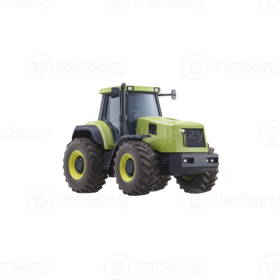Green tractor with large tires and cabin is depicted, showcasing agricultural machinery used for farming and fieldwork. design is modern and robust, suitable for various agricultural tasks png