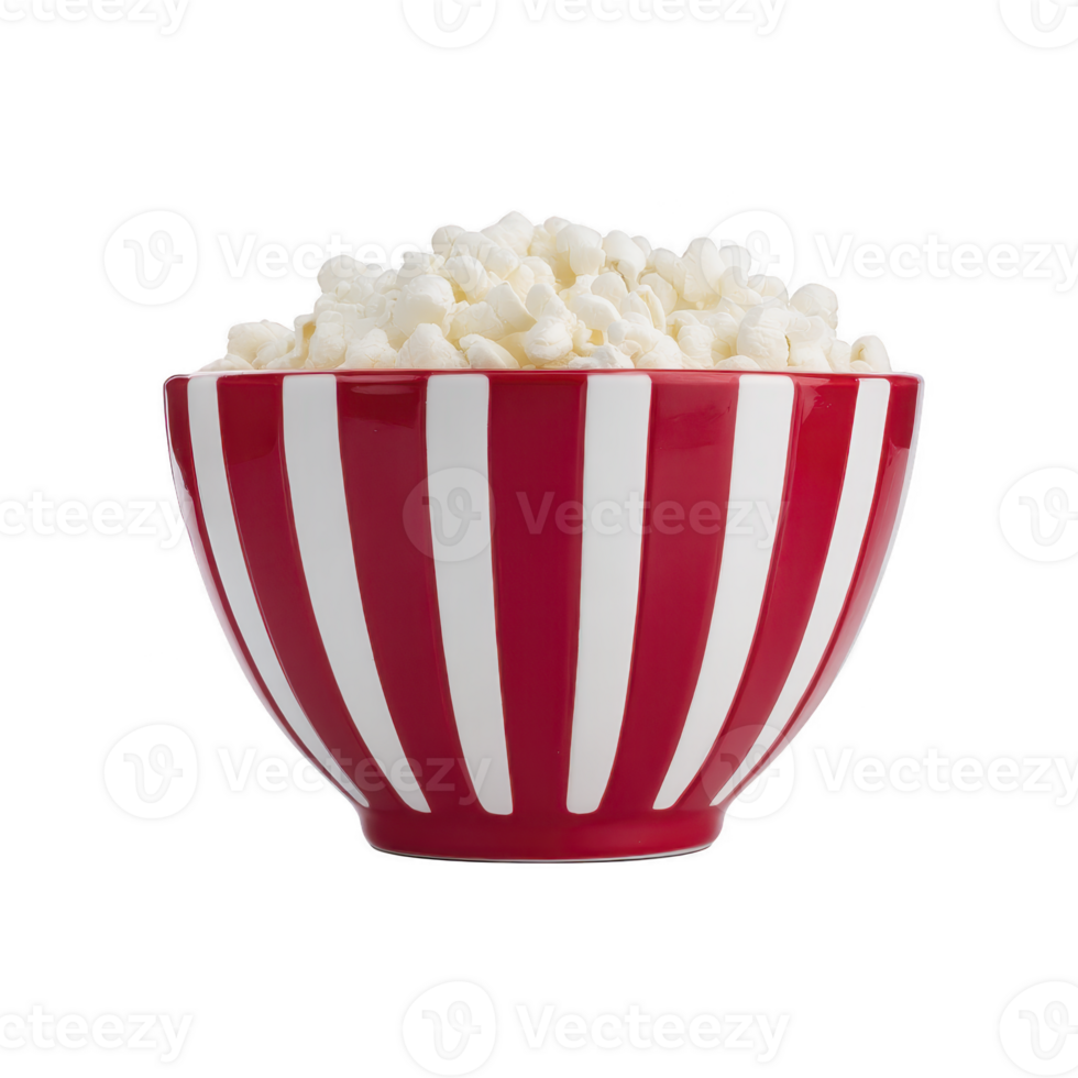 Red and white striped bowl filled with fluffy popcorn, perfect for movie night or snack time. vibrant colors and classic design evoke sense of nostalgia and fun png