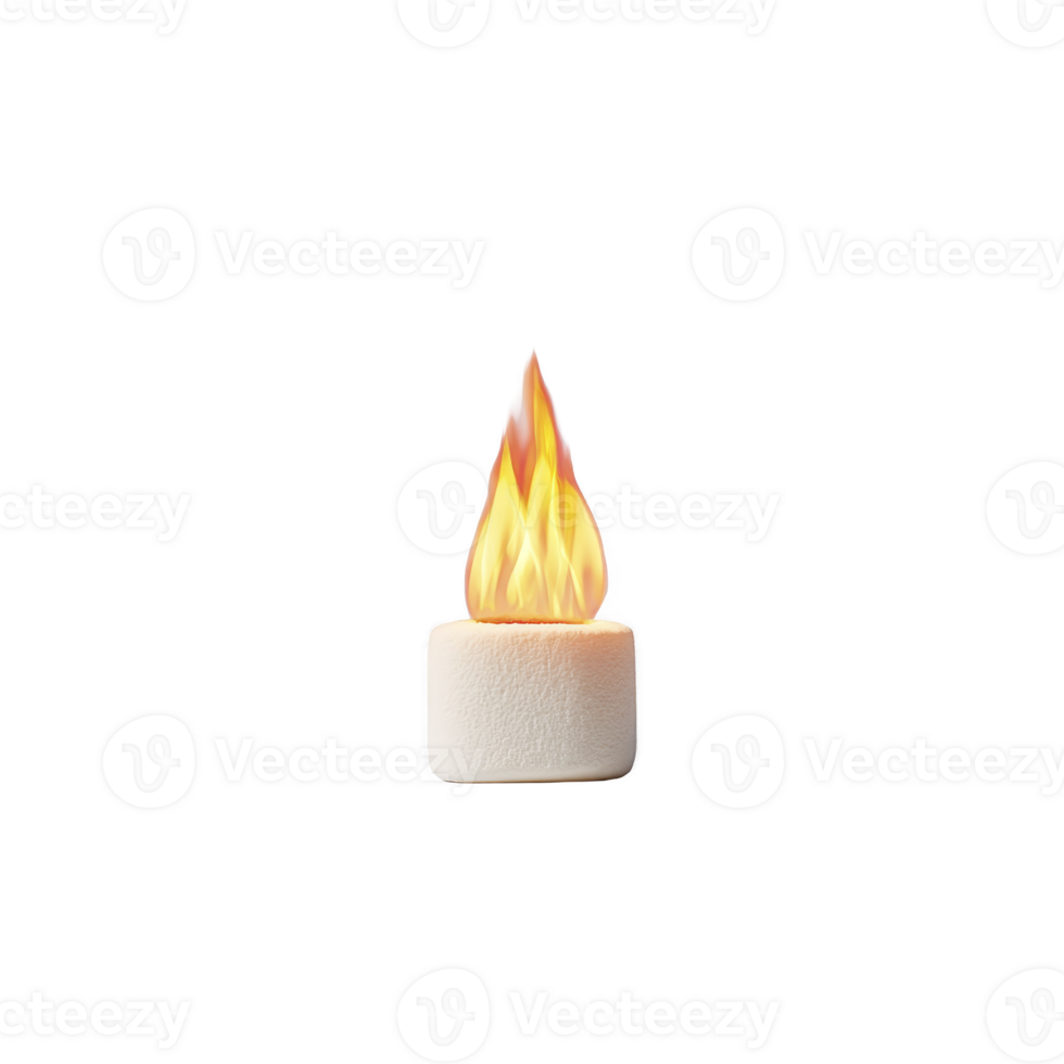 Marshmallow with flame on top creates whimsical and cozy image, evoking thoughts of campfires and sweet treats. contrast between soft marshmallow and bright flame is striking png