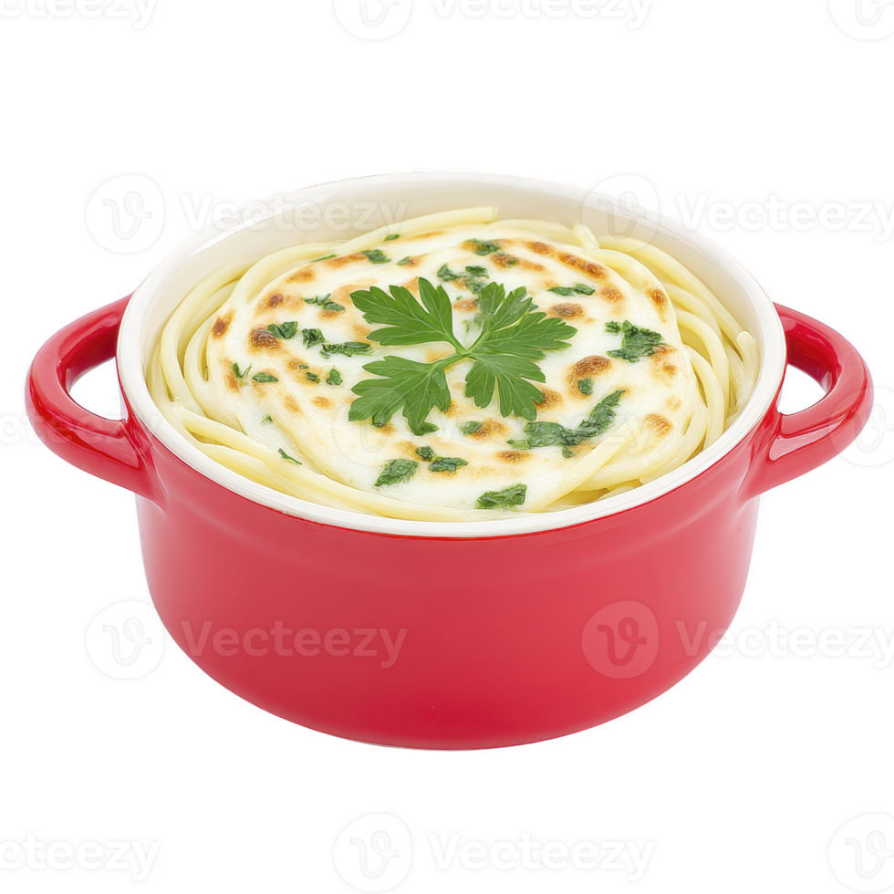 Delicious baked pasta dish in red casserole dish, topped with melted cheese and garnished with fresh parsley, creating warm and inviting meal png