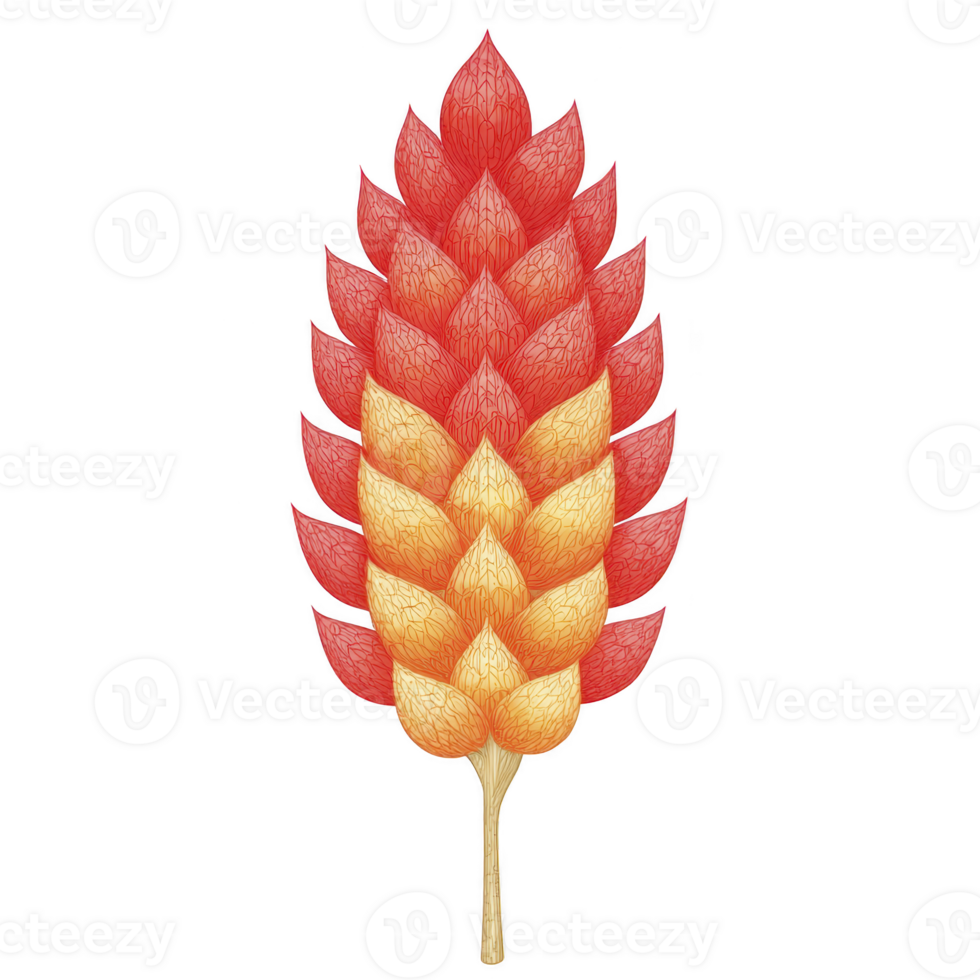 Vibrant illustration of stylized, colorful leaf with gradient of red to yellow hues, resembling pine cone shape. intricate pattern and warm colors create lively and artistic design png