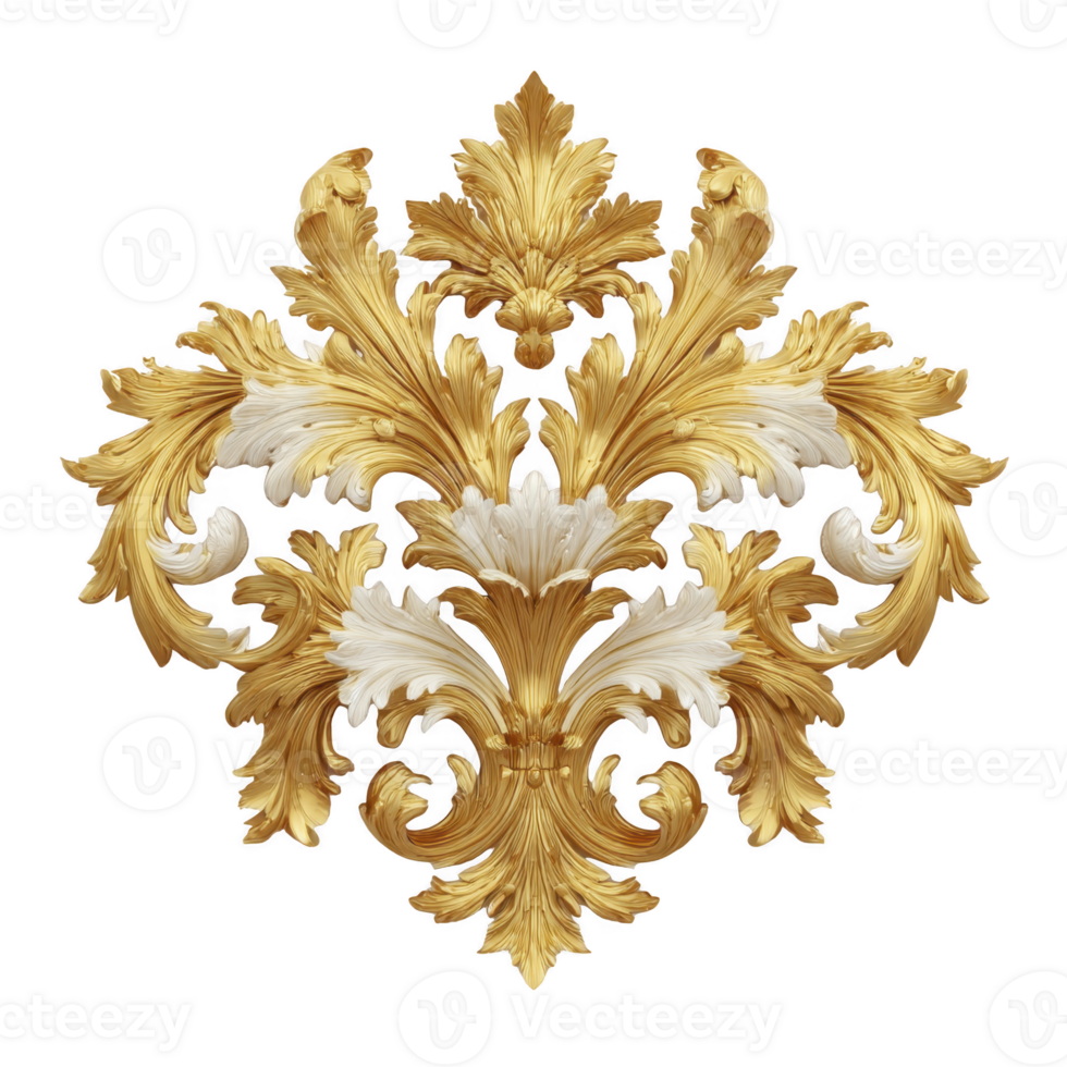 Ornate, symmetrical gold and white baroque ornament with intricate leaf patterns, showcasing elegant craftsmanship and luxurious design png