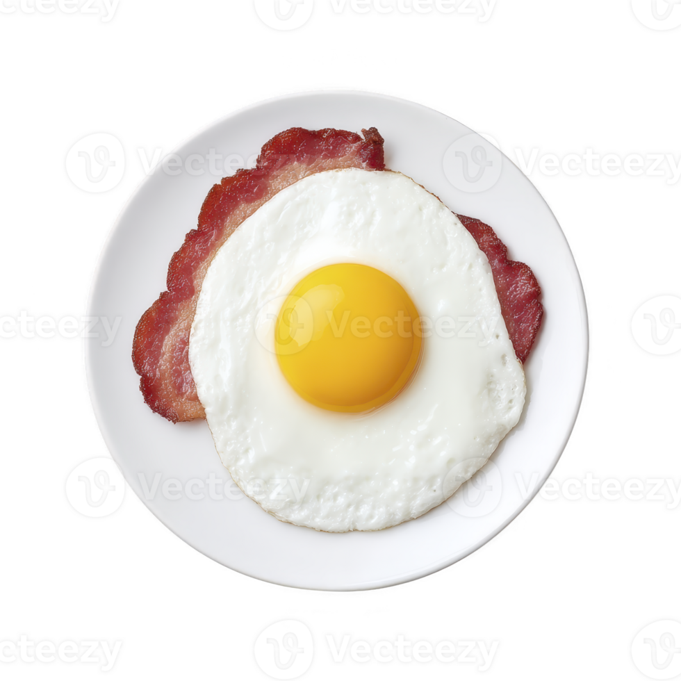 Delicious breakfast plate featuring sunny side up egg on top of crispy bacon, served on white plate. vibrant yellow yolk contrasts with golden brown bacon, creating appetizing meal png