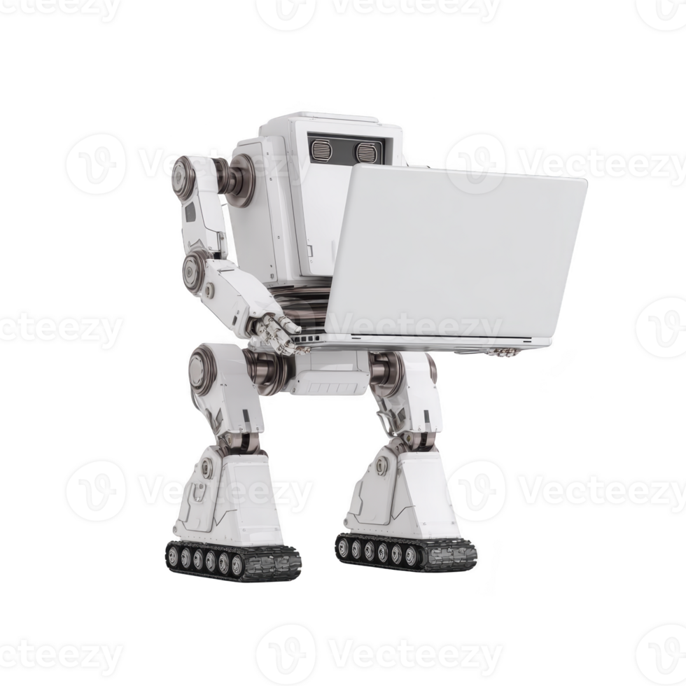 Humanoid robot with laptop stands on tracks, showcasing advanced technology and futuristic design. robot white and metallic features highlight its modern engineering png