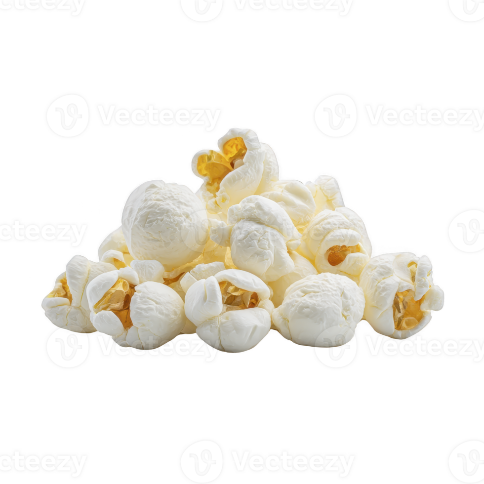 Pile of fluffy, white popcorn kernels is shown against plain background, highlighting their texture and inviting sense of delicious anticipation png