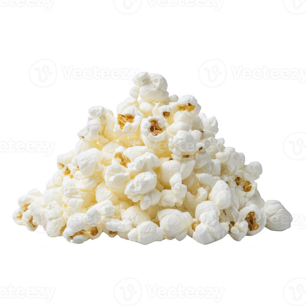Pile of fluffy, white popcorn kernels is stacked against plain background, showcasing their light and airy texture. popcorn appears freshly popped, with few golden brown pieces visible png