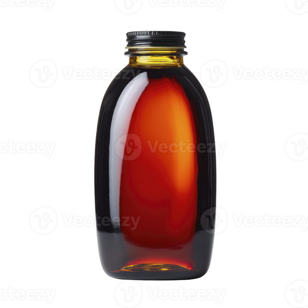 Clear glass bottle filled with amber liquid, possibly syrup or oil, is displayed against transparency background. bottle has black screw cap and smooth, rounded shape png