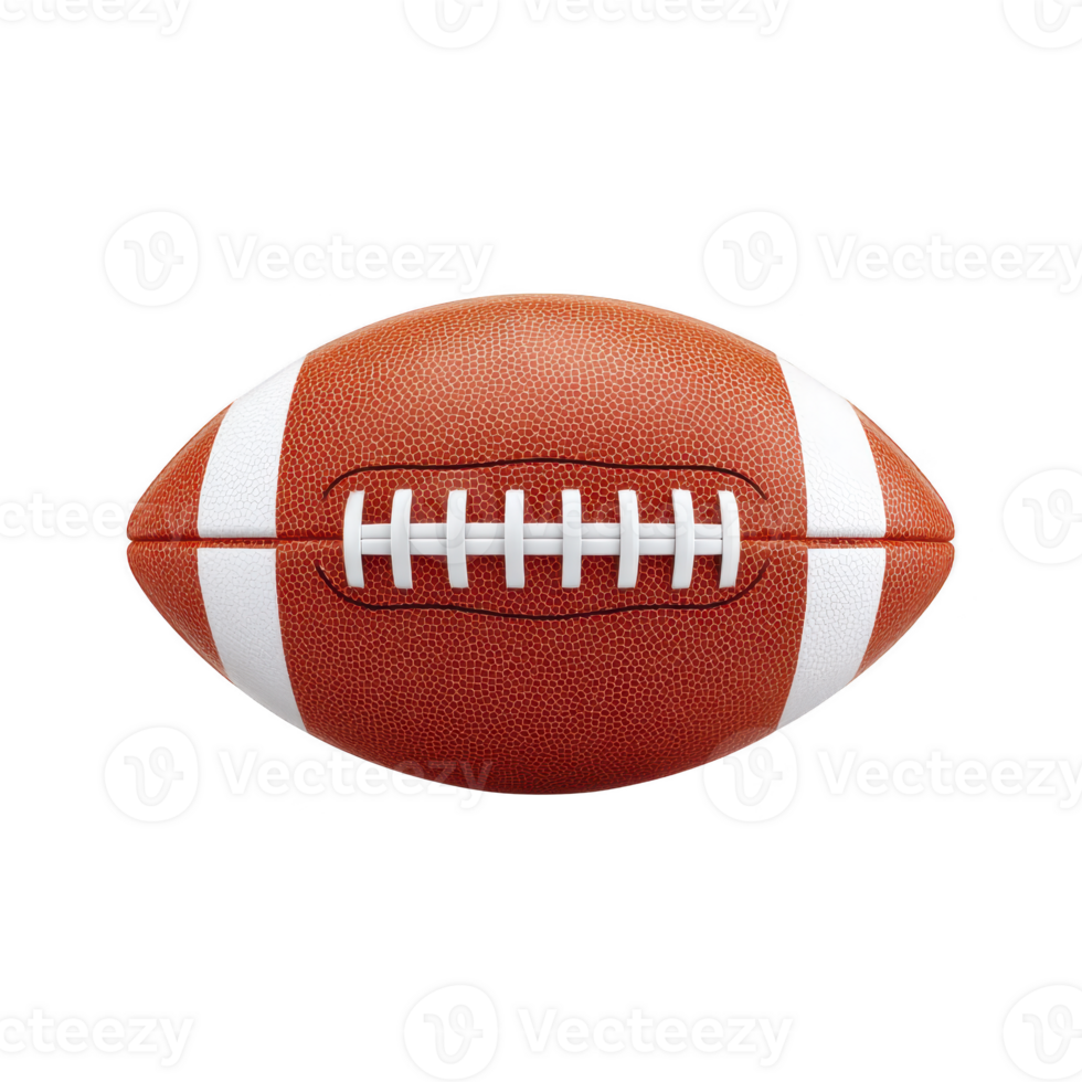 Brown leather American football with white laces and stripes is isolated on transparency background, showcasing its textured surface and classic design png