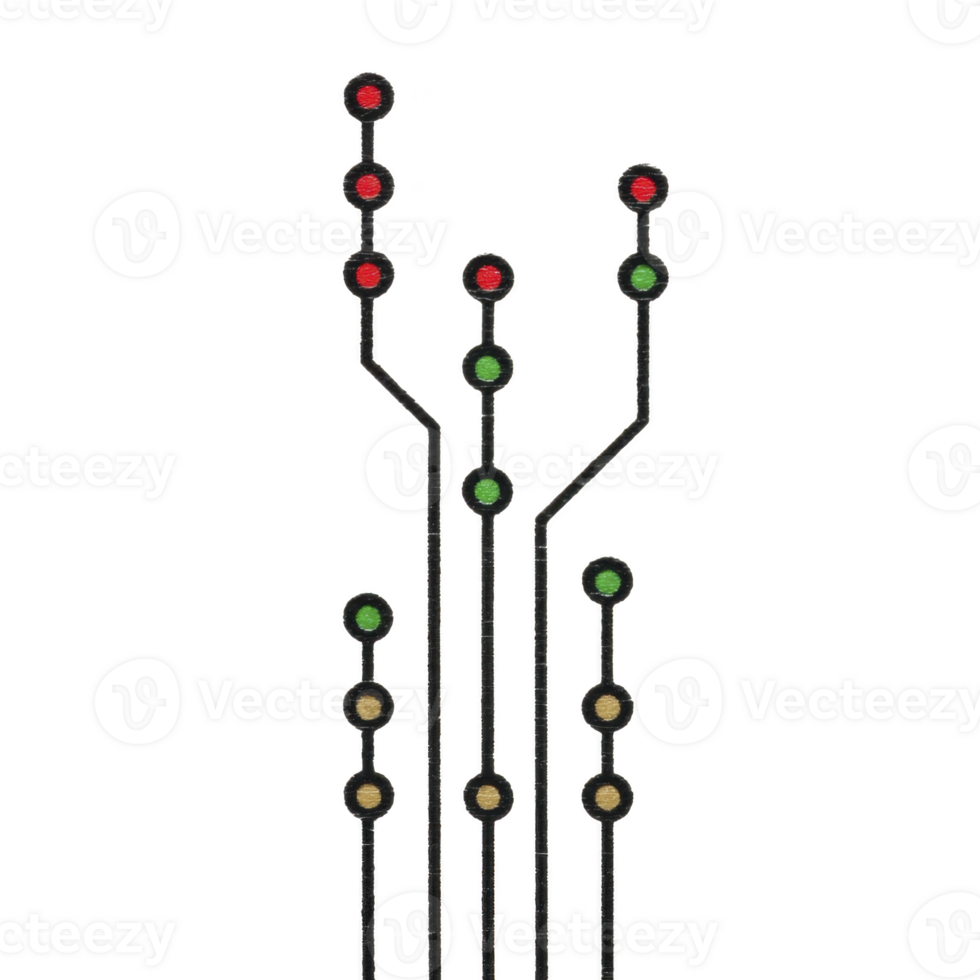 Digital circuit board design with colorful nodes and lines resembling tree structure, featuring red, green, and yellow dots on transparency background png