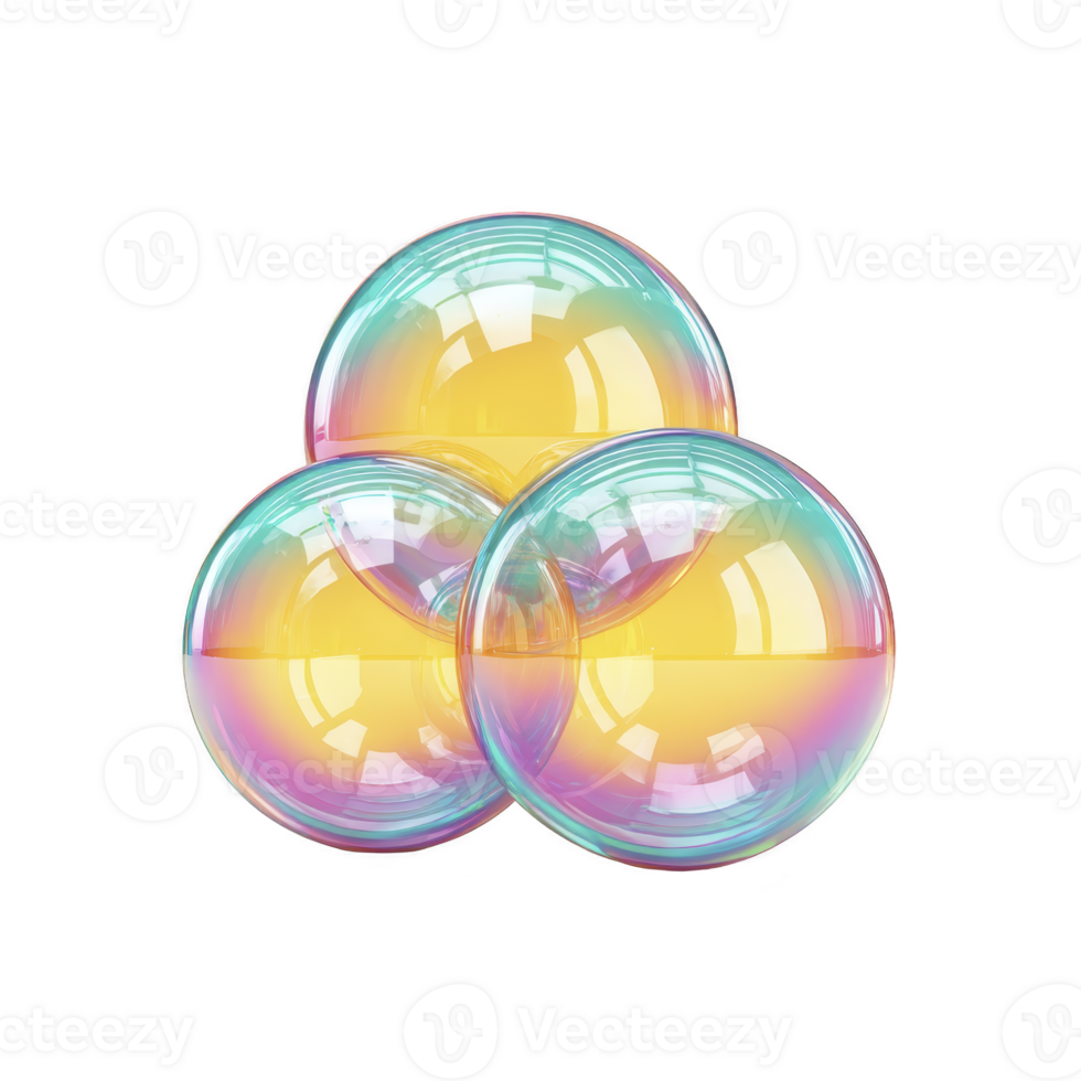 Colorful iridescent bubbles with reflective surface create mesmerizing visual effect. overlapping spheres display spectrum of colors, including pink, blue, and yellow, against transparency png