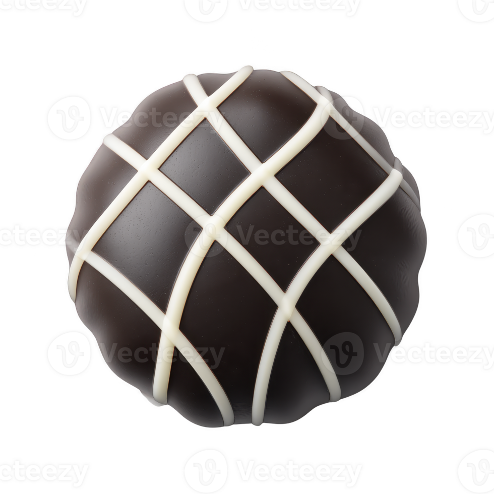 Round chocolate truffle with glossy dark chocolate coating is elegantly decorated with crisscross pattern of white chocolate lines, creating visually appealing and delicious treat png