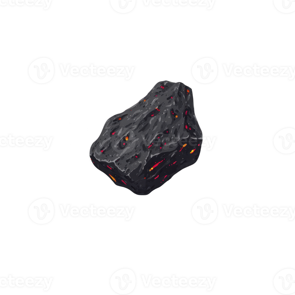 Dark, textured meteorite with glowing red and orange specks, floating against transparent background, evokes sense of mystery and cosmic wonder png