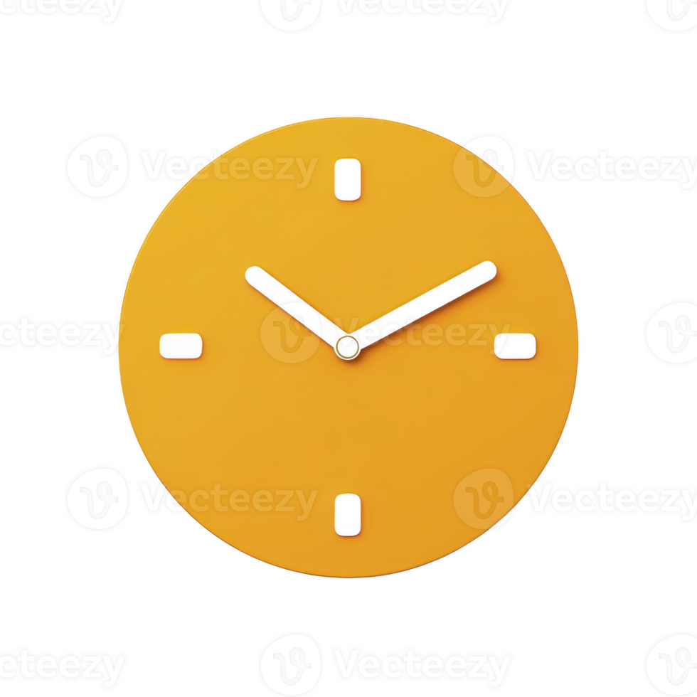 Round, minimalist wall clock with vibrant yellow face and black hands and markers, creating modern and stylish appearance png