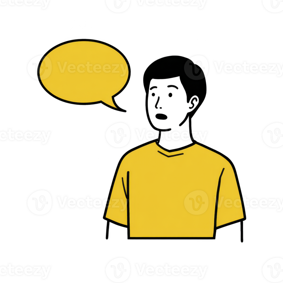 Person in yellow shirt with speech bubble, expressing communication or conversation. illustration is simple and uses minimalistic style png