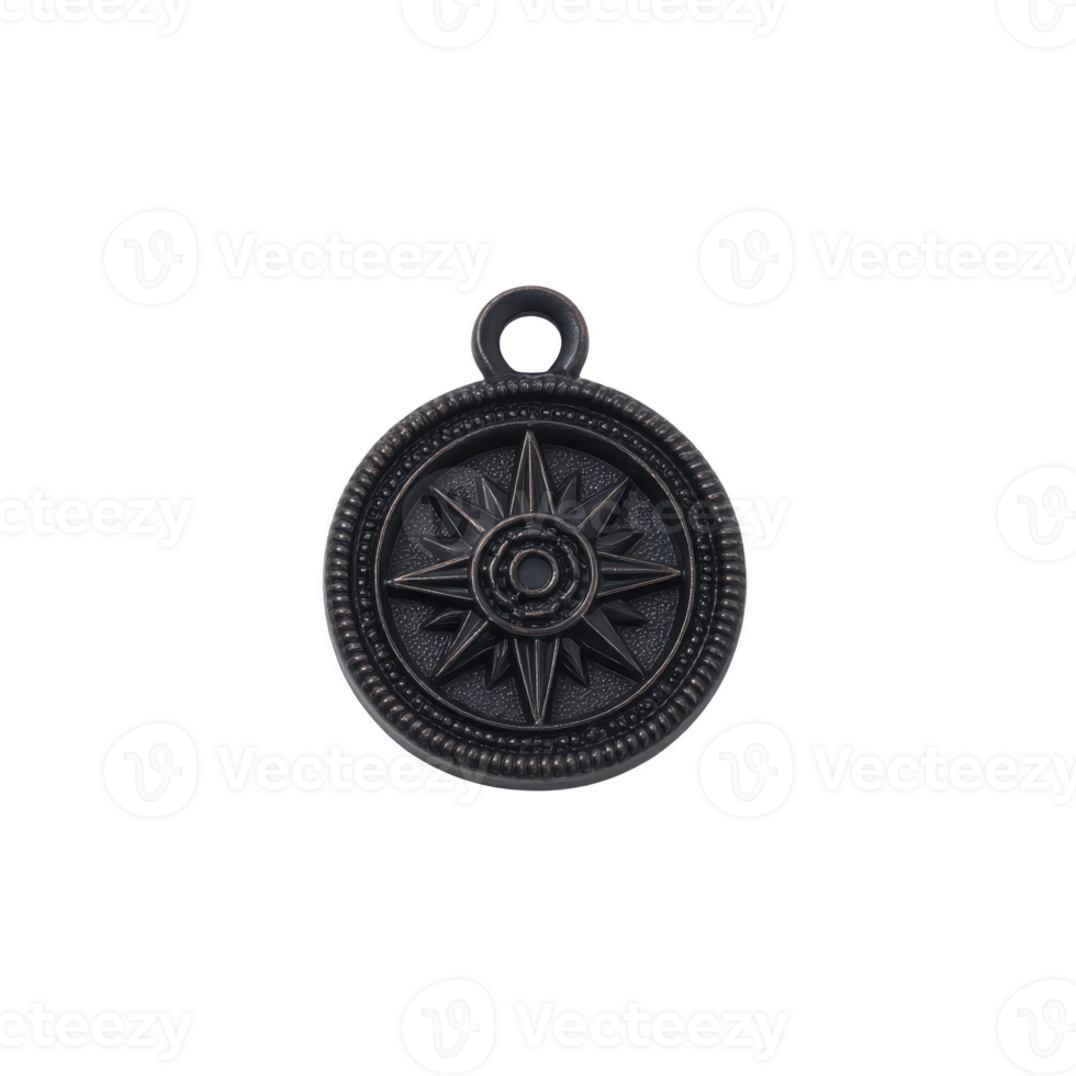 Round metal pendant with compass design, featuring loop for attachment. intricate detailing includes star pattern, giving it vintage and nautical feel png