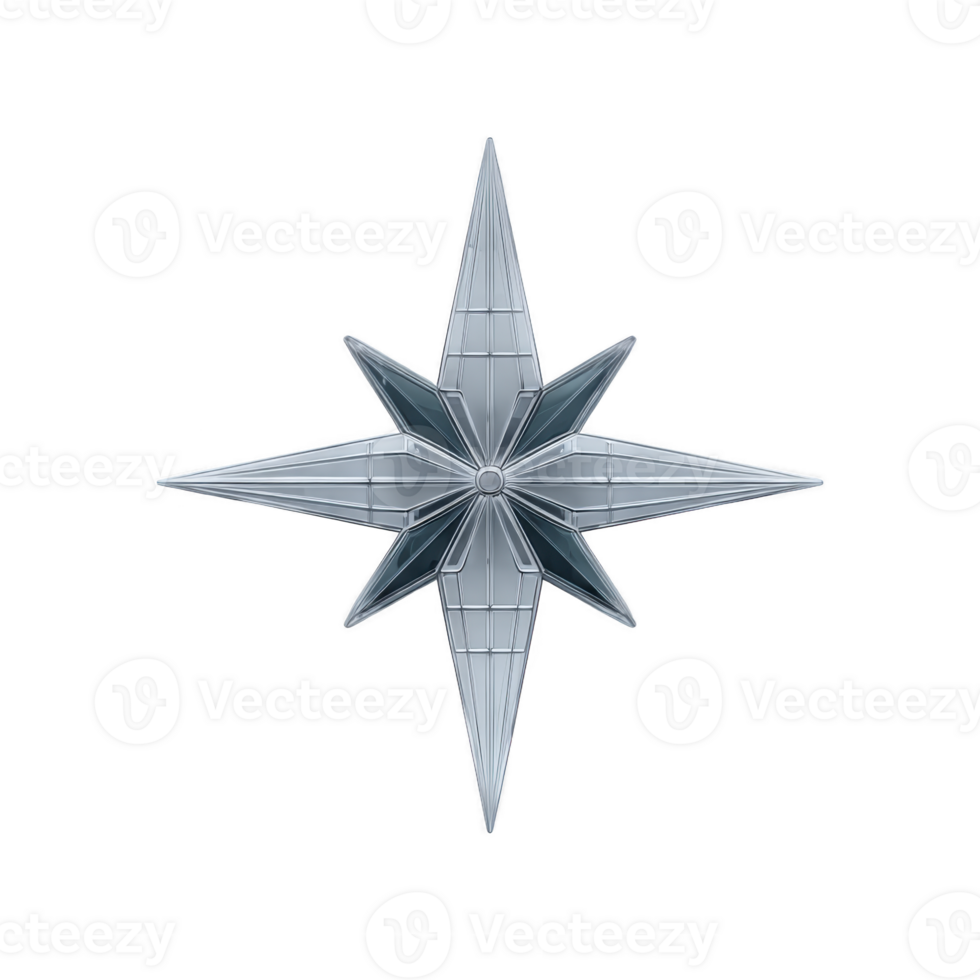 Metallic eight pointed star with sleek, modern design, featuring sharp edges and reflective surface, symbolizing navigation and direction png