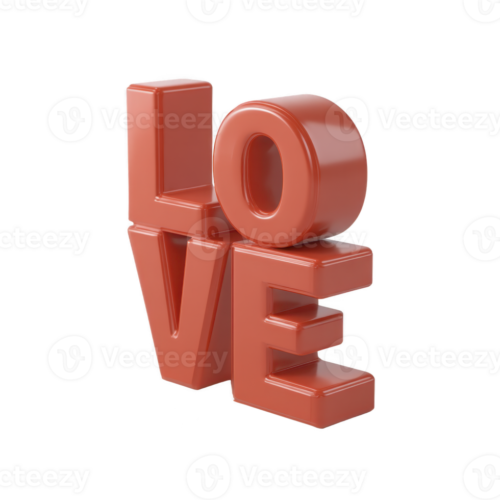 3D red letters spelling LOVE stacked creatively, conveying message of affection and warmth. glossy finish adds modern touch, making it ideal for romantic themes png