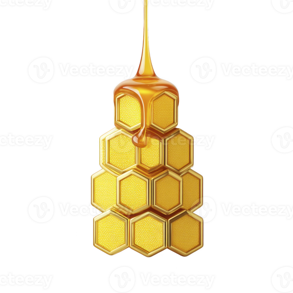 Golden honeycomb structure with honey dripping from top, showcasing sweet and natural design. hexagonal pattern is highlighted, emphasizing richness and texture of honey png